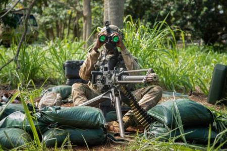 A Soldier conducts a simulated patrol during training at Schofield Barracks, Hawaii, Nov. 3, 2022.