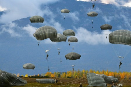 Army paratroopers descend onto the Frida Drop Zone, Pordenone, Italy, Nov. 16, 2022.