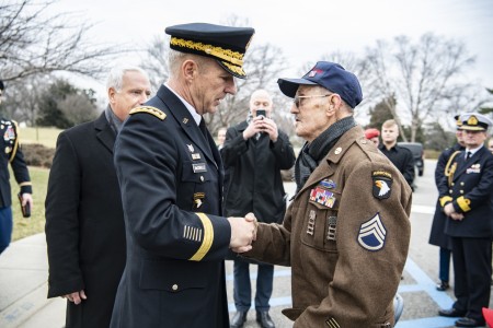 Chief of Staff of the Army Gen. James McConville (left) speaks with Darrell Bush (right), 98, a former U.S. Army Staff Sergeant and a WWII veteran of the Battle of the Bulge, at Arlington National Cemetery, Arlington, Va., Jan. 25, 2023. Bush was at ANC to view a wreath-laying ceremony at the Battle of the Bulge monument, commemorating the ending of the Battle of the Bulge on this date in 1945.

The Battle of the Bulge, described by Winston Churchill as &#34;undoubtedly the greatest American battle&#34; of World War II, took place in the Ardennes Forest region of Belgium and Luxembourg from December 16, 1944, to January 25, 1945. The last major German counteroffensive on the Western Front, it ended in victory for Allied forces under the command of General Dwight D. Eisenhower — but at great cost. Soldiers fought in brutal winter conditions, and the U.S. Army lost approximately 19,000 men (and suffered some 75,000 total casualties) in what became the United States&#39; deadliest single World War II battle.