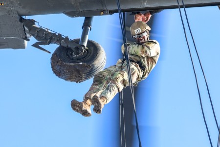 U.S. Army Soldiers from the 101st Airborne Division (Air Assault), 1st Armored Division, along with the Romanian Land Forces, The Land Army (France), Royal Netherlands Army, and the Slovak Armed Forces conducted rappels from a UH-60 Blackhawk in the last phase of the first multinational Air Assault training at the Romanian Air Base, Mihail Kogalniceanu, Jan. 30, 2023. 