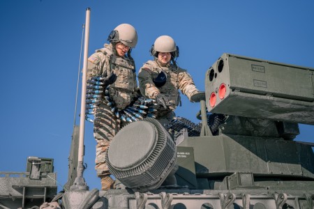 U.S. Army air defenders with Alpha Battery, 5th Battalion, 4th Air Defense Artillery Regiment, reloads ammo during a M-SHORAD live fire Feb. 9 at Grafenwoehr. 5-4 ADA Battalion, the Army&#39;s first M-SHORAD Battalion based out of Ansbach, is currently in the process of switching to the new M-SHORAD system and are certifying their gunnery skills on the new platform.