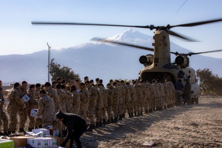 U.S. Army CH-47F Chinook assigned to 3rd Battalion, 501st Aviation Regiment, Combat Aviation Brigade, 1st Armored Division (1AD CAB), continues to deliver relief supplies to Turkish authorities in Samandang, Türkiye, Feb. 17, 2023. The 1AD CAB provides dynamic lift capability in direct support of USAID and Turkish relief efforts, to those affected by the earthquakes in Türkiye. 1AD CAB is one of several U.S. military units supporting Task Force 61/2 (TF 61/2), operating under U.S. Sixth Fleet, U.S. Naval Forces Europe (NAVEUR), and U.S. European Command as part of the International Turkish disaster relief efforts.