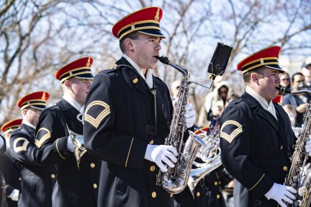 The U.S. Army Band, “Pershing’s Own” participate in an Army Full Honors Wreath-Laying Ceremony at the Tomb of the Unknown Soldier at Arlington National Cemetery, Arlington, Va., March 9, 2023. The wreath was laid by Lt. Gen. Romeo Brawner, Jr., commanding general, Philippine Army. 