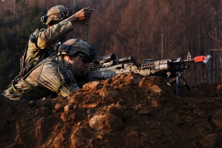 Soldiers of the 2nd Battalion, 1st Infantry Regiment, 2/2ID pulls security during wartime simulation in the 21st Infantry Division at KCTC, South Korea, March 19, 2023. The simulation&#39;s intent is to provide hands-on tactical experience in both offensive and defensive positioning in support of the ROK- U.S. alliance.