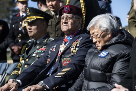 A U.S. Army veteran from the Korean War attends a ceremony commemorating the 70th Anniversary of the Signing of the Korean War Armistice at the 3d Infantry Division Monument in Section 46, Arlington National Cemetery, Arlington National Cemetery, Arlington, Va., March 16, 2023.