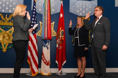 The U.S. Army appointed two new Civilian Aides to the Secretary of the Army during an investiture ceremony on April 11, 2023, at the Pentagon, as Secretary of the Army Christine Wormuth swore in Leslie Purser from Tennessee (East) and Jason Allen from Michigan (North). 